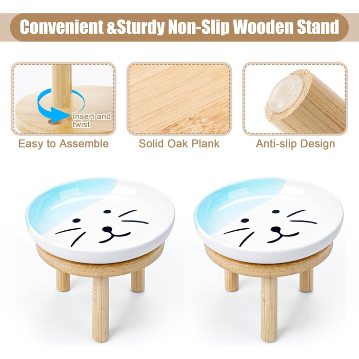 Набір мисок для котів з бамбуковим підставкою (2 шт.), 15 см, кераміка, зручні для вусів, зелені