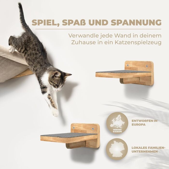 WOOWOOD® Стіна для котів із масиву дерева з 2 сходами, гамаком і когтеточкою – настінний комплекс для котів, меблі для лазіння, кріплення на стіну