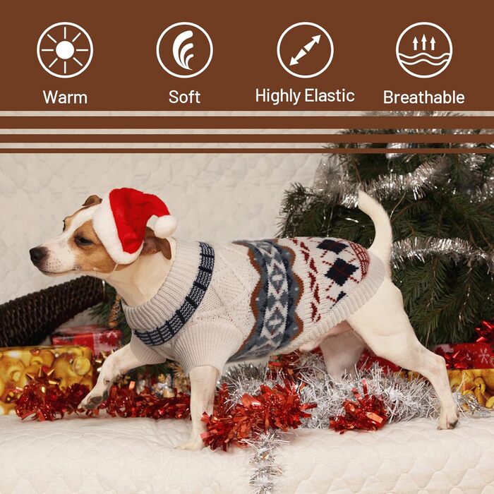 Теплий зимовий пуловер для собак маленьких порід, пуловер з отвором для нашийника, в'язаний пуловер для собак, пуловер для собак у стилі бохо, бежевий, розмір M