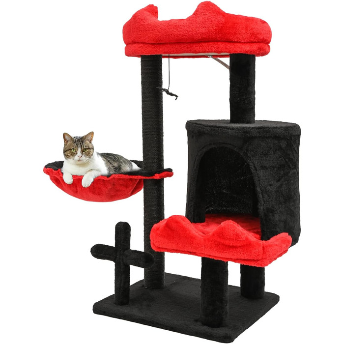 Котячий комплекс Gothic Halloween: стійка кімната з ліжком, будиночком та когтеточками, 84.5 см (Чорний/Червоний)