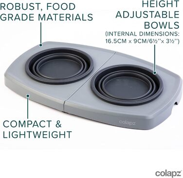 Набір з 2 склавних мисок для собак Colapz зі стійкою – регульована висота, підходить для собак та котів – портативні для подорожей, кемпінгу, авто – силіконові миски з сумкою, сірі