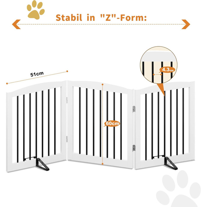 Гілка для собак HOLTICO без свердління, металево-дерев'яне, відбійник для собак, перегородка для собак, захист від сходів, відбійник для дверей, білий, 3 панелі