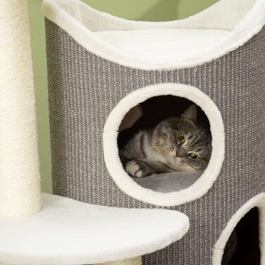 Котячий комплекс PawHut 109 см з когтеточкою та лежаком, біло-сірий, меблі для котів із сизалевими стовпчиками та тунелем