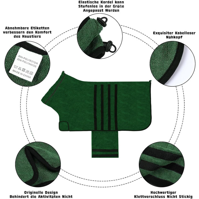 Рушник для собак з мікрофібри, швидковисихаючий, з клямками та регульованою стрічкою, для великих, середніх та маленьких собак (M, Зелений)