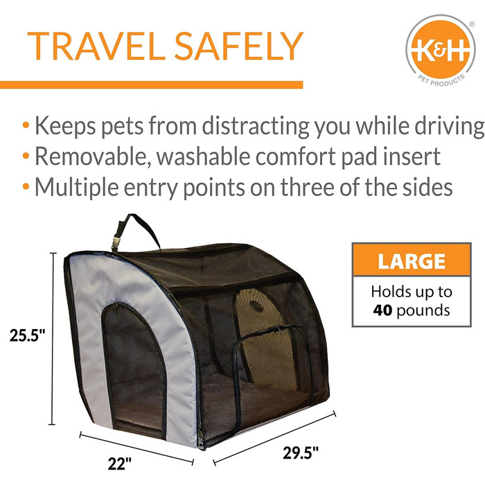 K&H PET Products дорожня сумка-бокс для великих собак, переноска для авто, сірий/чорний, 74x55x65 см