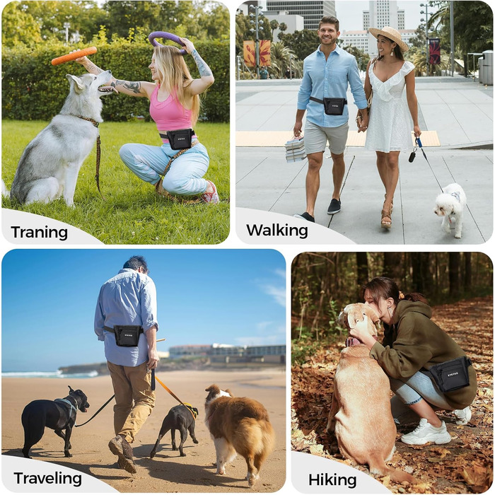 Сумка для ласощів для собак з металевим кліпом на ремінь, міцна застібка-магніт, велика місткість, диспенсер для пакетів для вигулу (чорний)