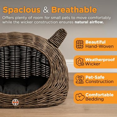 Будинок-ліжко для кота та собаки Huntley Pet Rattan з ротангового плетіння з подушкою