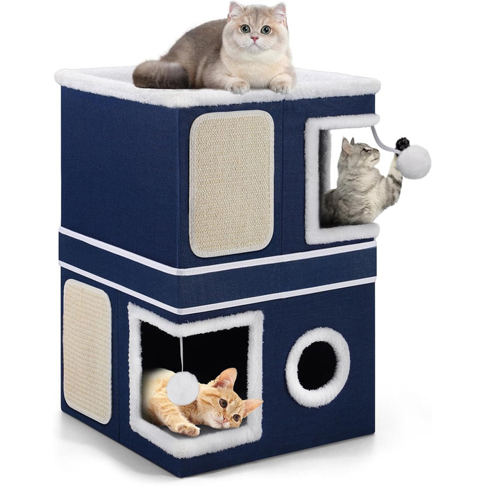 Кітчине гніздо Shikha, великий будиночок для котів, 3-ярусний куб для котів з дряпалкою та іграшкою, 61x45x32 см, блакитний