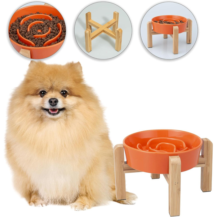 Антислизька годівниця для собак, кераміка, піднята - годівниця для собак на бамбуковому підставці, для повільного годування, для маленьких та середніх собак, білий, діаметр 17 см