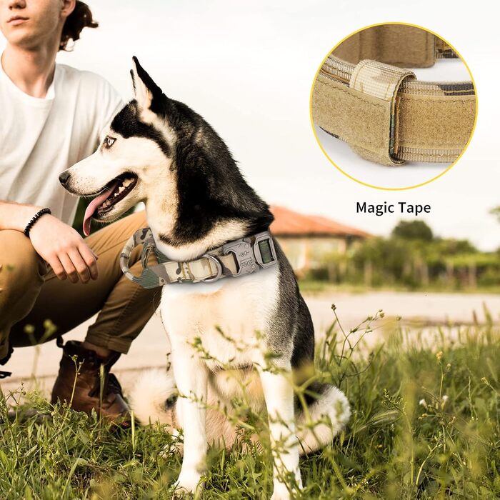 Тактичний нашийник для собак Huntvp, регульований, з ручкою контролю, з нейлону, з підкладкою, металева застібка, для середніх собак, для полювання, тренувань, активного відпочинку, камуфляж M