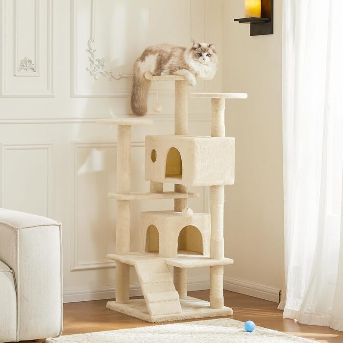 Sweetcrispy Котячий комплекс 135 см, багаторівневий когтеточка, ігровий будиночок для котів, платформи, будиночки, стовпи для дряпання, м'які кулі, сучасний бежевий