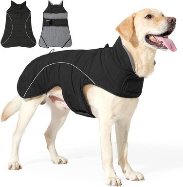 Зимова куртка для собак середніх та великих порід: тепла флісова жилетка, водонепроникна, з D-початком, шнурком та 2 еластичними стрічками, чорного кольору, розмір L