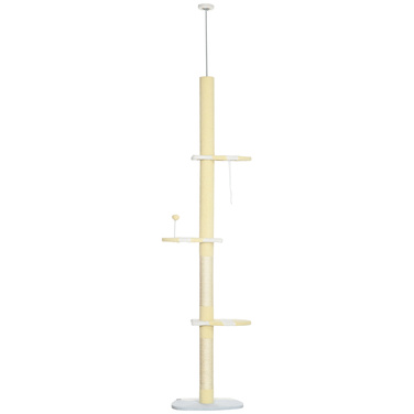 PawHut Cat Tree, Кігтеточка для кішок Висота стелі, 220-260 см, Лазіння по дереву з Play Ball, Котяче дерево з регулюванням висоти, Ігрове дерево із захистом проти нахилу, Плюш, Жовтий | Аосом