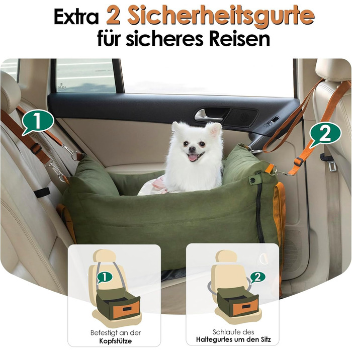 Автомобільний лежак для собак маленьких та середніх порід (до 15 кг), з висувною зоною відпочинку, знімний та пральний, з кишенями та ременем безпеки, зелений