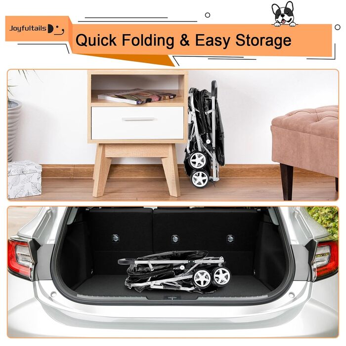 Візок для собак Joyfultails, двомісний візок для домашніх тварин та дітей, складаний візок для 2 собак та котів, двомісний переноска, візок-тандем для собак, візок для подорожей з домашніми тваринами з місцем для зберігання (Чорний)