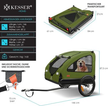 KESSER Великий 2-в-1 причіп-візок для собак Boxer, 250л, 600D Оксфорд, складаний, до 45 кг, з прапорцем і сумкою