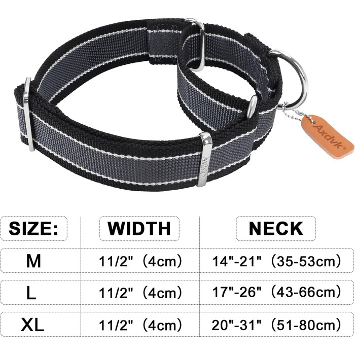 Нашийник для собак Martingale, 4 см, міцний нейлон 1600D, анти-вислизання, 3 кольори, для середніх та великих собак, розмір M, сіро-блакитний & чорний, обхват 36-53 см