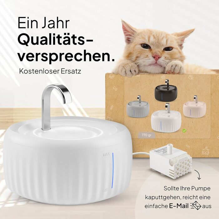 Ка fountain PrettyPaw Aqua Flow Pro: тихий фонтанчик для котів з LED, фільтром з активованого вугілля, 3L, BPA-free (білий)