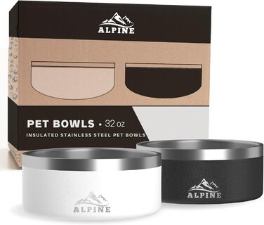 ALPINE набір з 2 нержавіючих мисок для собак, нековзні, металеві, подвійні стінки, ізольовані, антикорозійні, для корму і води, підходять для посудомийної машини, 32 унції, чорний/білий