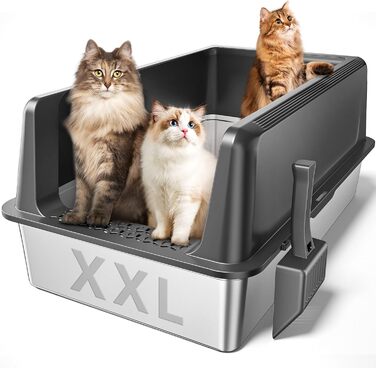 Zarler XXL туалет для котів із нержавіючої сталі з кришкою, велика котяча туалетна коробка 70,6×50,8×32,8 см, металева з високим бортом, для кількох котів, сіра