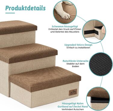 Сходинка для собак маленьких порід зі зберіганням, широка, складна для ліжка та дивану, з неслизьким покриттям, вологостійка (3x97x56 см), колір: коричневий, 4 ступінці, розмір: 43x97x56 см