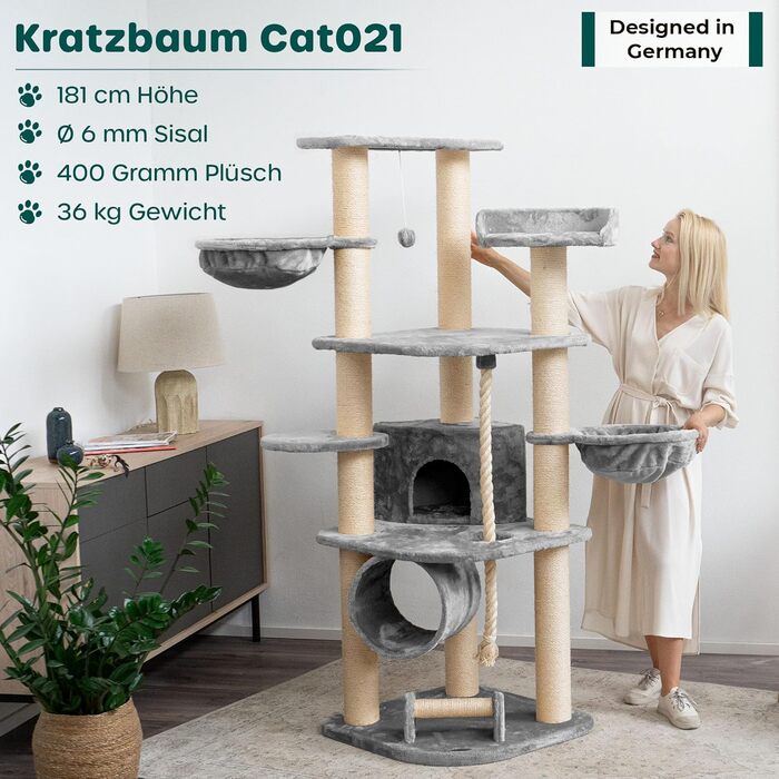 HAPPYPET Дряпка для котів 181 см, стійке котяче дерево, товсті стовпи 11 см, будиночок і ігровий тунель, великі лежанки, канат, сірий