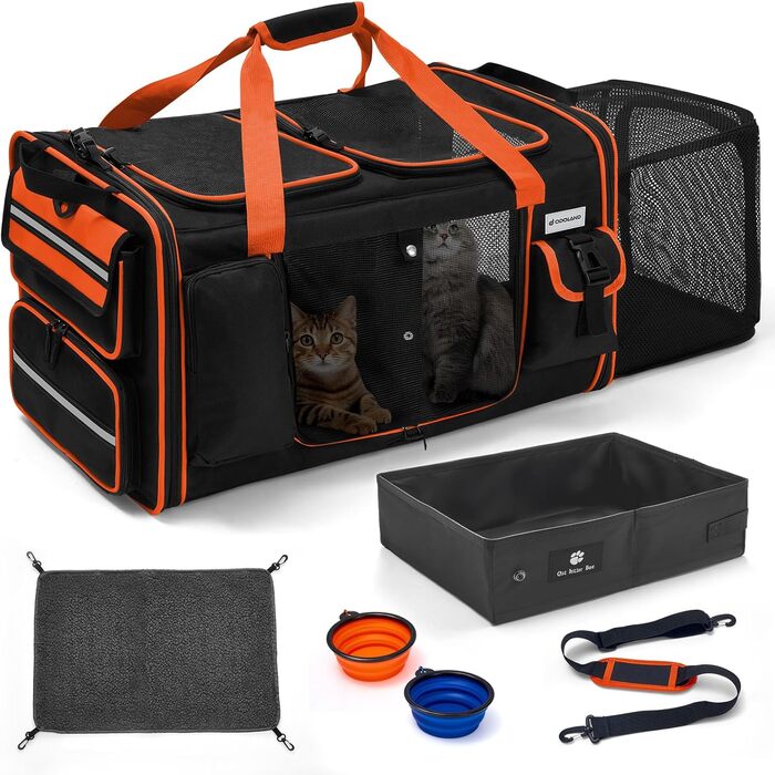 Транспортна переноска для котів Odoland, 60x38x35 см, розширювана, з туалетом для котів, з плечовим ременем, ідеальна для подорожей
