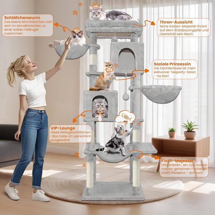 Котячий комплекс LEEJARD XXL: великий дерев'яний будиночок для котів з платформами, стійками для шліфування, будиночком, гамаком, іграшками та захистом від перекидання (180 см, світло-сірий)