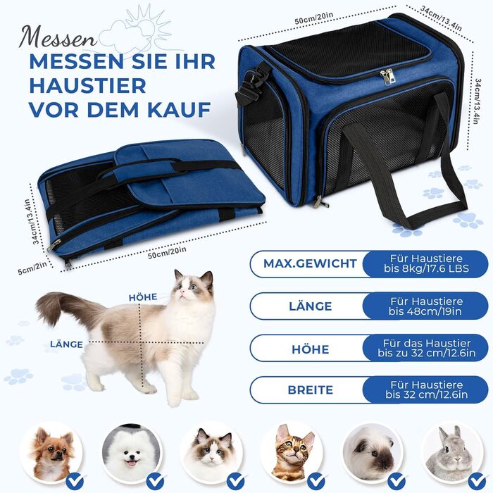 Транспортна сумка для кота та собаки до 5 кг, складана, з плечовим ременем, 50 x 34 x 34 см, темно-синій