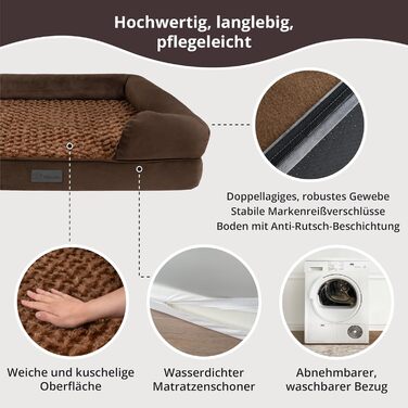 Ортопедичне собаче ліжко для великих собак, водонепроникне, знімний чохол, віскоеластична піна, 90x65x23 см, коричневе