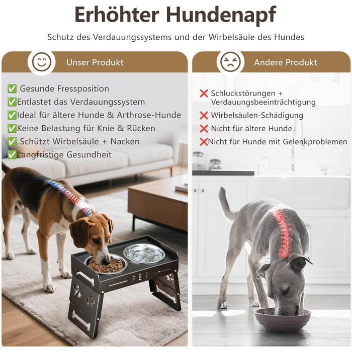 Підвищений годівниця для собак з 3 рівнями – 2 великі миски з нержавіючої сталі для маленьких, середніх та великих собак (Сірий)