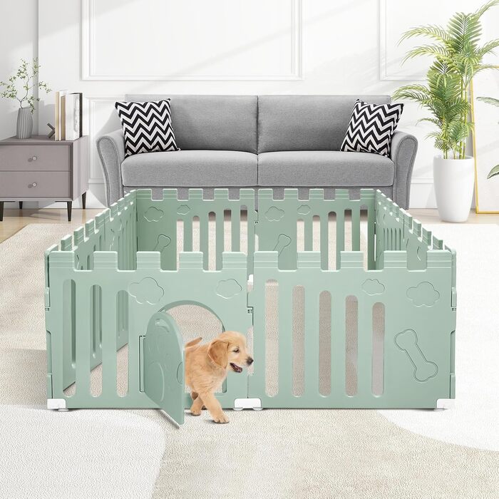 Клітка для собак з дверима, 8 панелей, 61 см, для цуценят, міцний пластик, захисний загін для маленьких тварин, антиковзне та безпечне огорожа, зелений колір, 8 панелей