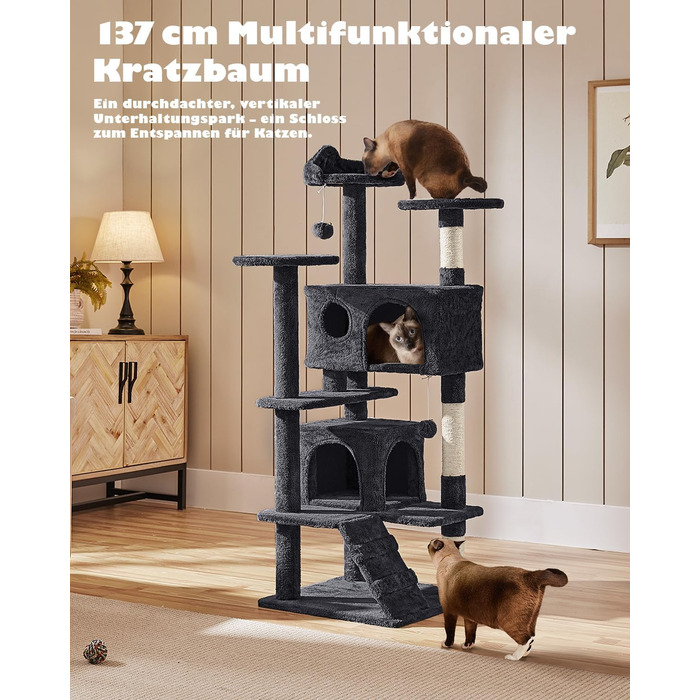 Кігтеточка-кімнатний комплекс Yaheetech 139 см, чорний, з 3 платформами, 3 стовпчиками, 2 хованками та іграшками