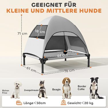 Лежанка для собак PawHut Outdoor з дахом, піднята лежанка для середніх собак, прохолодна лежанка для домашніх тварин з миючим сітчастим сталевим каркасом, переносна сумка, лежанка для тварин для вулиці, кемпінгу 76x61x71см, світло-сіра L 76 x 61 x 71 см с