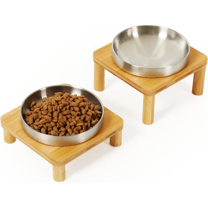 Підвищені миски для котів для дому – Підвищений підставник для мисок з бамбука з нержавіючою мискою 14 см, стільниця для зручного годування, зручні для вусів (сріблясті, 2 шт.)