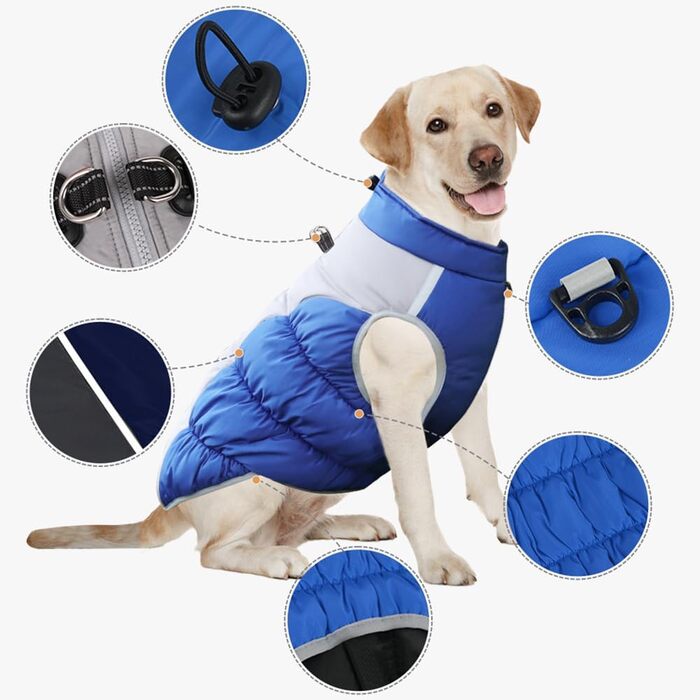 Водонепроникна куртка для собак на зиму - тепла та вітрозахисна. Підходить для собак малих та середніх порід. З D-рингом та світловідбиваючими елементами. (Blue, 3XL)
