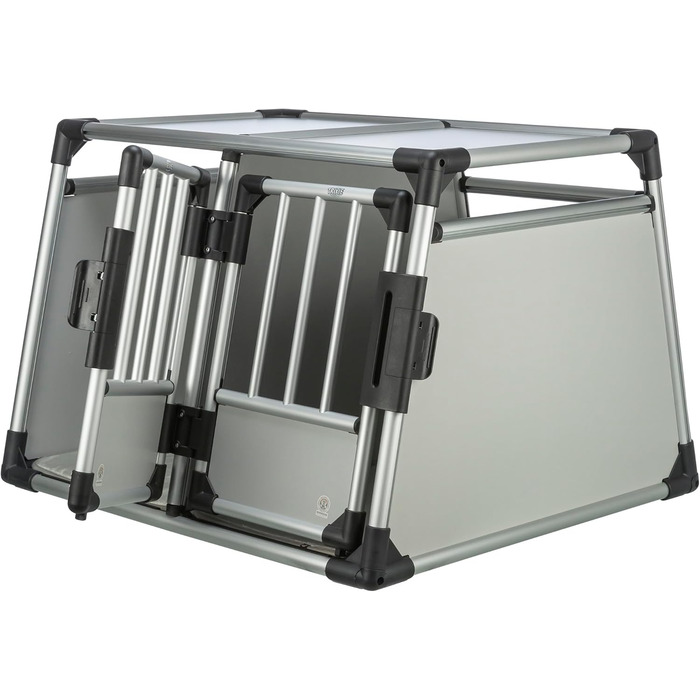 Трійзі Двомісна переносна клітка для собак з алюмінію, 93 x 64 x 83 см, з висувною перегородкою, безпечним замком, неслизьким килимком - 39345 срібна, L 93 x B 83 x H 64 см