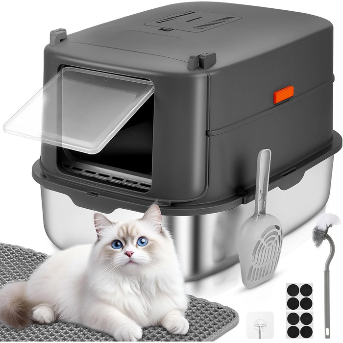 Котячий туалет з нержавіючої сталі Papettly XXL з кришкою, 30 л, знімний високий бортик, килимок для наповнювача, легке очищення, 58x42x40 см
