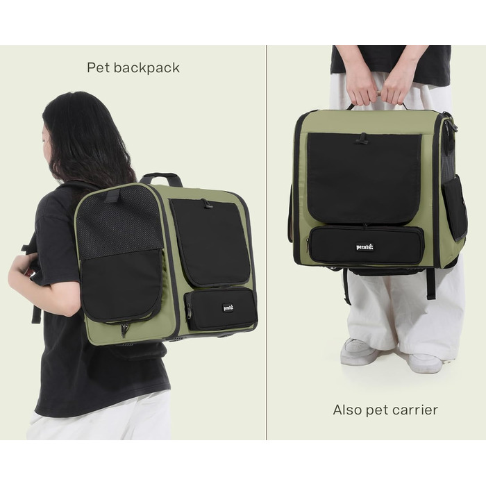 Рюкзак-переноска для котів та маленьких собак Pecute, темно-зелений. З вентиляцією, міцний, ергономічний, для подорожей, кемпінгу та походів.