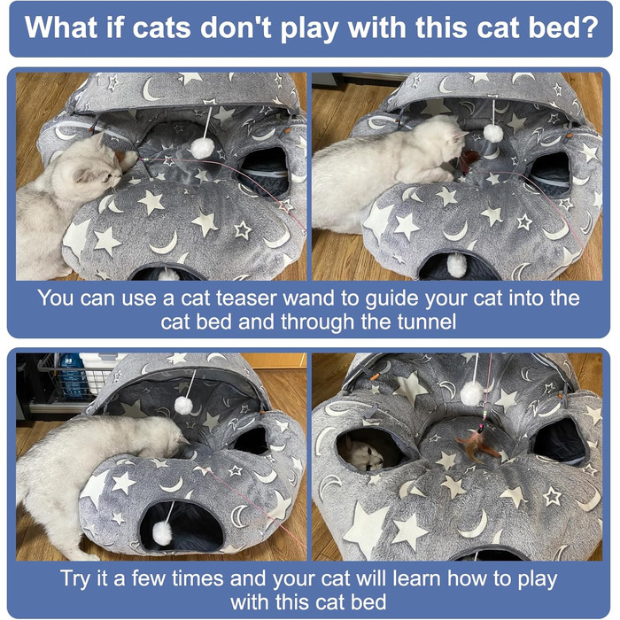 Кішка ліжко з підсвіткою, великий плюшевий тунель для котів з м'ячиком, велика шуршача печера для котів, іграшка для котів, кроликів або цуценят, сірий колір + світиться в темряві