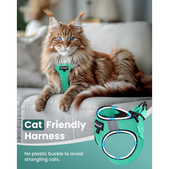 Шлейка для кота FAYOGOO анти-вислизання з повідком, шлейка для кота безпечна та регульована, повід для кота з світловідбиваючими смугами для безпеки та комфорту вночі, M (зелений, XL (1 шт.))