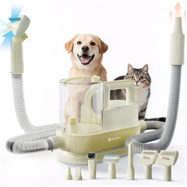 Набір для грумінгу тварин 7-в-1: шерсть, пилосос, фен. Потужність 11000Pa, об'єм контейнера 2.5л, 3 режими сили всмоктування та температури. Підходить для собак та котів. Колір: жовтий.