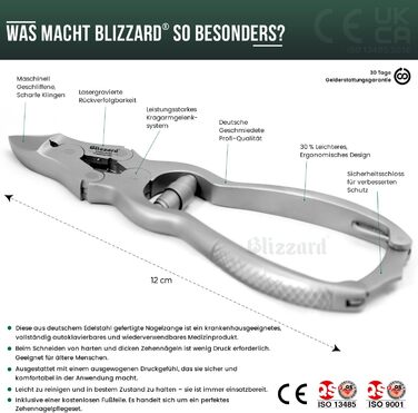 Професійний педикюрний кусачки Blizzard для нігтів на ногах, 12 см, для товстих і врослих нігтів, з нержавіючої сталі, з безкоштовною пилочкою