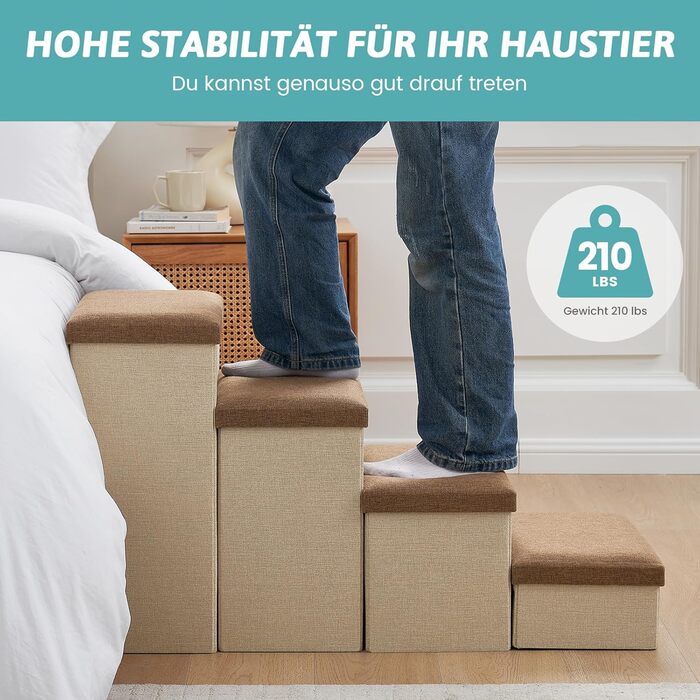 Сходинка для собак маленьких порід зі зберіганням, широка, складна для ліжка та дивану, з неслизьким покриттям, вологостійка (3x97x56 см), колір: коричневий, 4 ступінці, розмір: 43x97x56 см