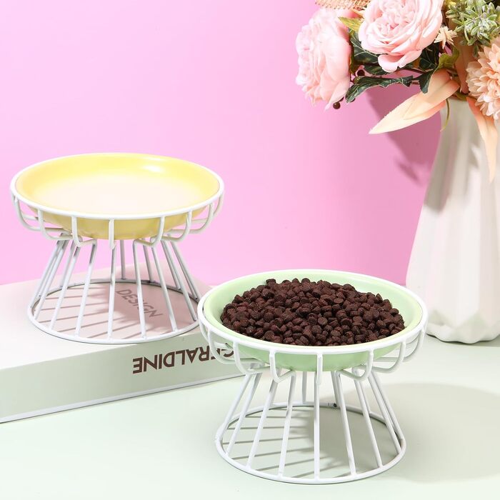 Набори мисок для котів Hushee з кераміки з металевим підставкою, анти-блювотні, придатні для миття в посудомийній машині, плоскі миски для води та корму для кошенят та маленьких собак, 6 шт.