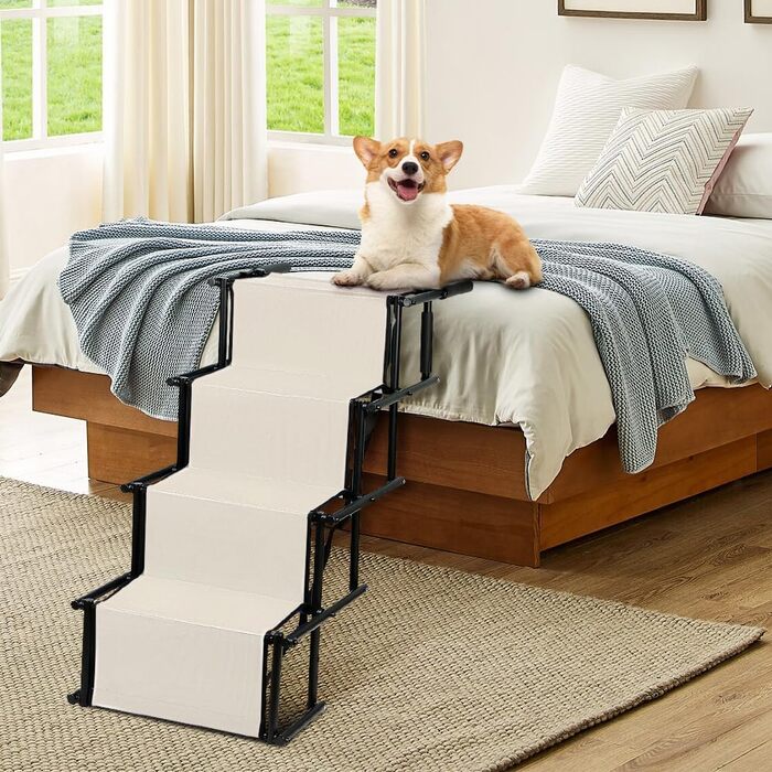 Сходинки для собак - 4 сходинки, портативна рамка для собак у машину, диван або ліжко, антиковзаюча, вантажопідйомність до 75 кг (Бежевий)