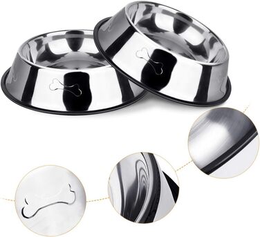 Миски для собак з нержавіючої сталі, 2 шт. - неслизька основа, для корму та води, середніх та великих собак, срібні