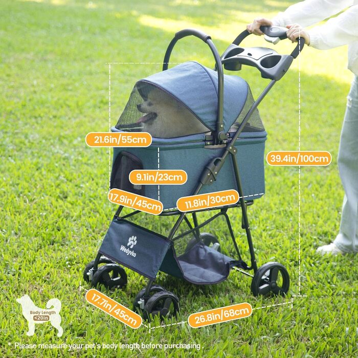 Дитяча та собача коляска 2-в-1, складна, з 4 колесами, знімний кошик, легка, для собак та котів, для прогулянок (Блакитно-зелений, Морський)