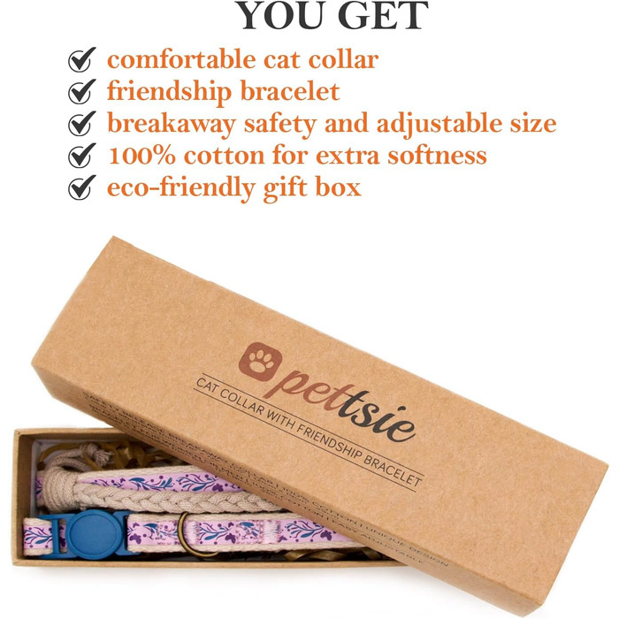Набір ошейників для котів Pettsie та браслети дружби, безпечний дизайн з м'якої бавовни, D-подібне кільце для аксесуарів, регульований розмір 19-29 см (12,7-20,3 см, фіолетовий)