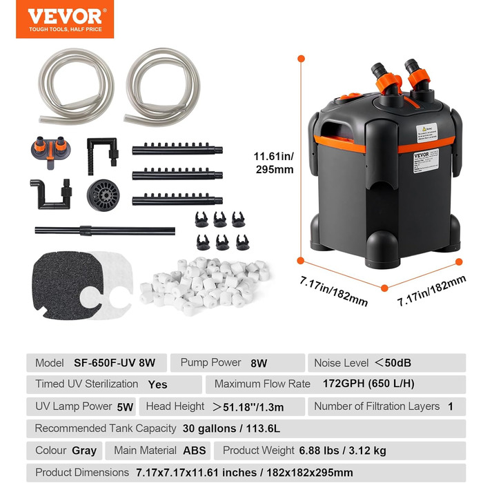 VEVOR Каністровий фільтр для акваріума 264GPH, 284 л, ультратихий, з UV-захистом, багатофункціональний внутрішній фільтр, 11 Вт